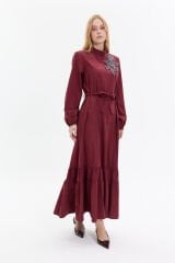 Taş Aplikeli Kemerli Maxi Elbise Bordo