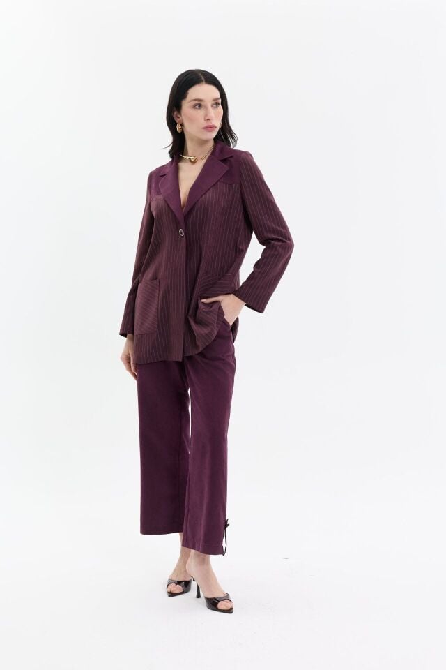 Çizgi Detaylı Blazer Takım Mürdüm