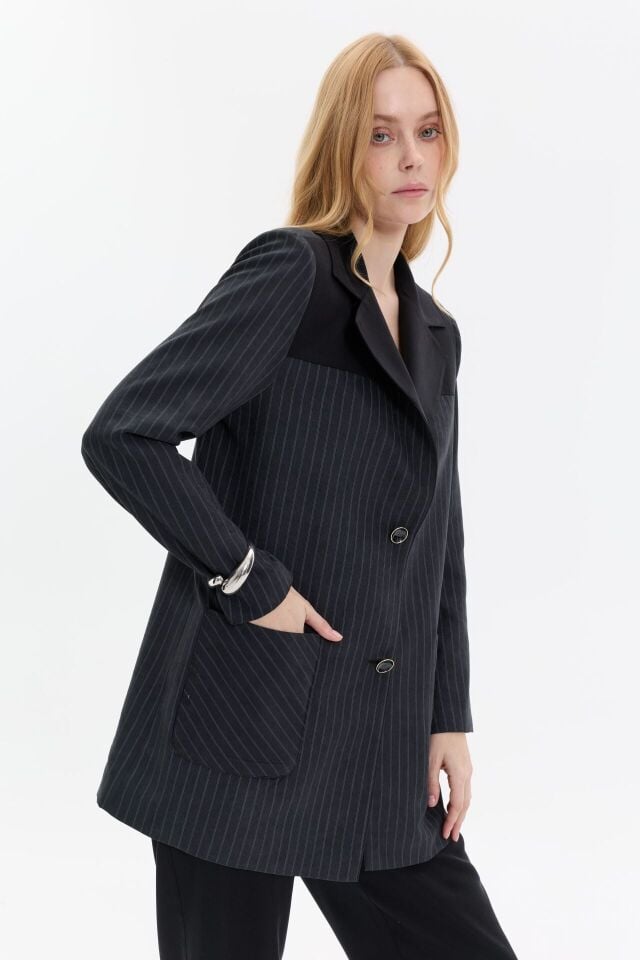 Çizgi Detaylı Blazer Takım Siyah