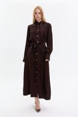 Jakar Dokulu Kemerli Maxi Elbise Kahve