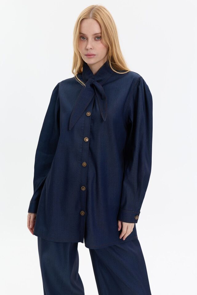 Bağlama Yaka Detaylı Denim Görünümlü İkili Takım
