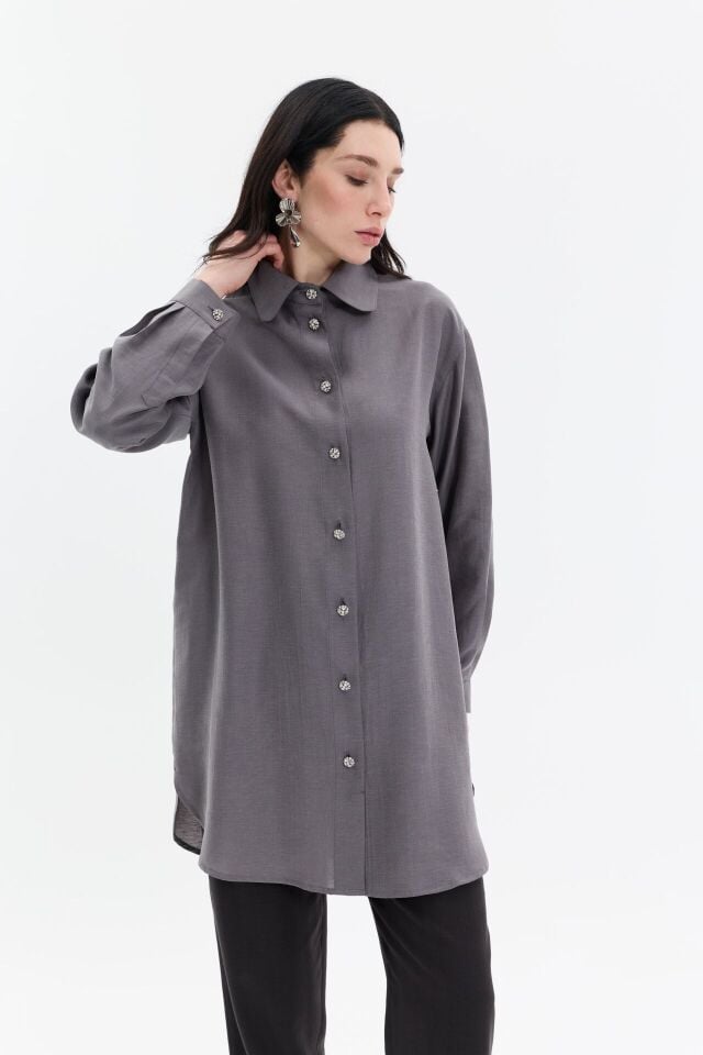 Taş Düğme Detaylı Oversize Kadın Gömlek Tunik